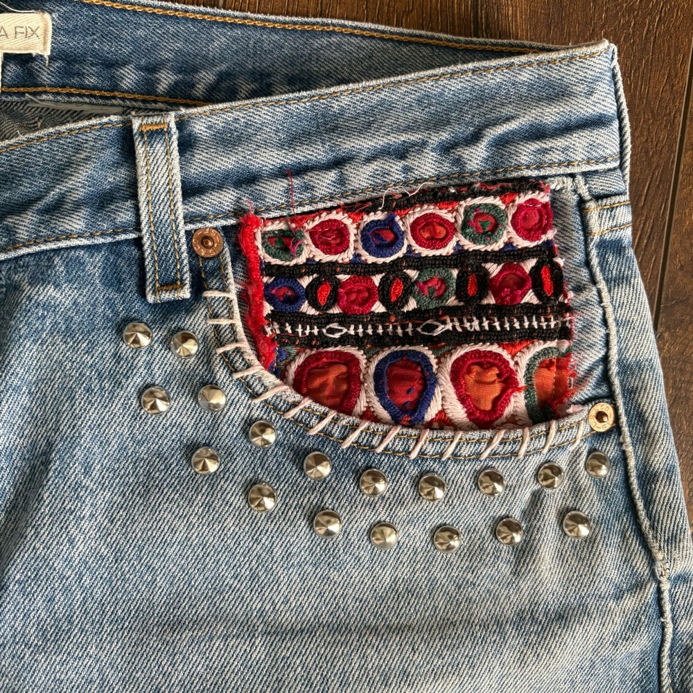 ❤️VERY RARE Tricia Fix free people Blue Patchwork Denim Maxi Skirt with Studs - Picture 9 of 16